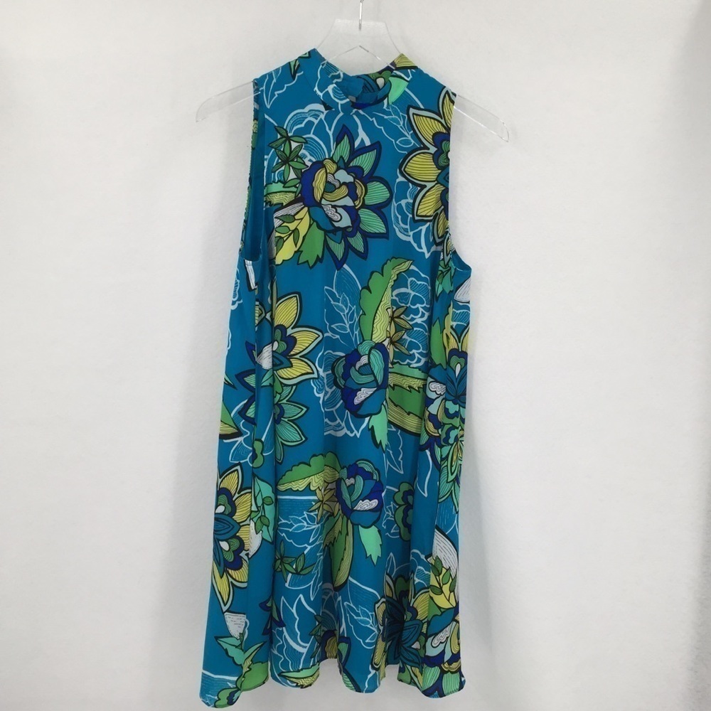 Kaari Blue swing trapeze floral Hawaii dress shift a-line blue green Medium